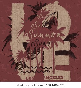 Vector Illustration Grunge Waves T-shirt Graphic Summer California Love Tropical Fashion Design with Los Angeles Typography