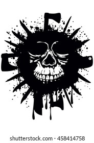 Vector illustration grunge white skull in frame with axe and knifes
