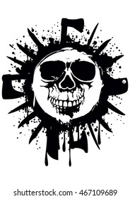 Vector illustration grunge white skull in frame with axe and knifes