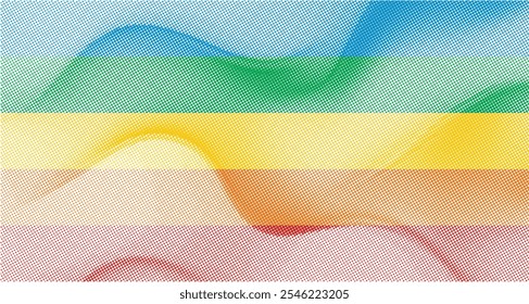 Vector illustration of a grunge-inspired abstract rainbow wave pattern with a dotted halftone texture background. 