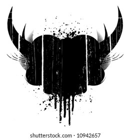 Vector illustration of a grungy aged design element with horns and ink splatter.