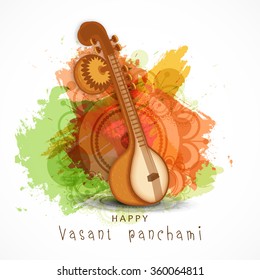 Vector Illustration of grungy background with veena for Vasant Panchami.