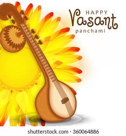 Vector Illustration of grungy background with veena for Vasant Panchami.