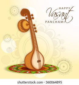 Vector Illustration of grungy background with veena for Vasant Panchami.