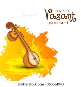 Vector Illustration of grungy background with veena for Vasant Panchami.