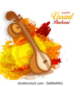 Vector Illustration of grungy background with veena for Vasant Panchami.