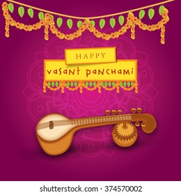 Vector Illustration of grungy background with veena for Vasant Panchami.