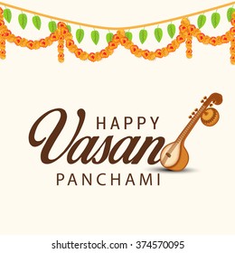 Vector Illustration of grungy background with veena for Vasant Panchami.