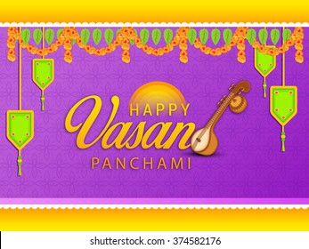 Vector Illustration of grungy background with veena for Vasant Panchami.