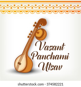 Vector Illustration of grungy background with veena for Vasant Panchami.