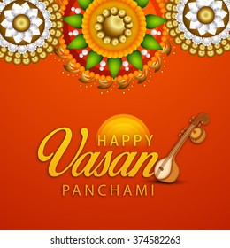 Vector Illustration of grungy background with veena for Vasant Panchami.