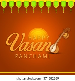 Vector Illustration of grungy background with veena for Vasant Panchami.