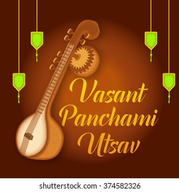 Vector Illustration of grungy background with veena for Vasant Panchami.