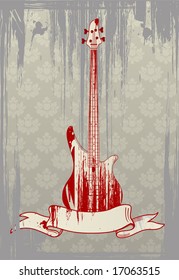 Vector illustration of grungy bass guitar on glamour background