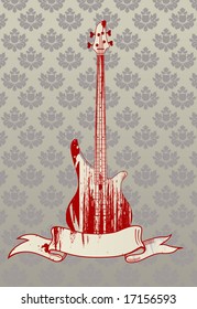 Vector illustration of grungy bass guitar on glamour floral background