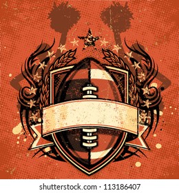 Vector illustration of a grungy football crest with tribal design element accents, scratched textures, ink splatters, cheerleader silhouettes, laurel wreath elements, stars, and halftone patterns.