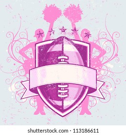 Vector illustration of a grungy football crest designed for cheerleader events. Includes scratch textures, swirly curly flourishes, ink splatters, cheerleader silhouettes, stars and halftone patterns