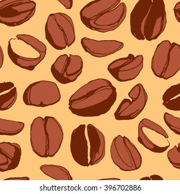 Vector illustration Grungy hand drawn ink roasted coffee beans seamless pattern. 