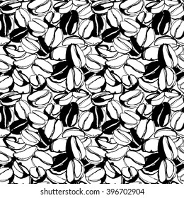 Vector illustration Grungy hand drawn ink roasted coffee beans seamless pattern. Black and white