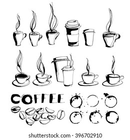 Vector illustration Grungy hand drawn ink coffee to go cups and mugs with steam, roasted beans and lettering set. Black and white