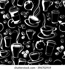 Vector illustration Grungy hand drawn ink coffee to go, cups, mugs and beans with splatter seamless pattern. Black and white