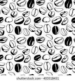Vector illustration Grungy hand drawn ink roasted coffee beans seamless pattern. Black and white