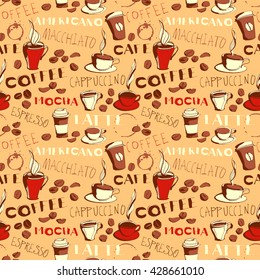 Vector illustration Grungy hand drawn ink coffee to go, cups, mugs, beans and lettering  seamless pattern background. 