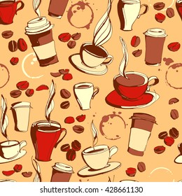 Vector illustration Grungy hand drawn ink coffee to go, cups, mugs, beans and lettering  seamless pattern background.