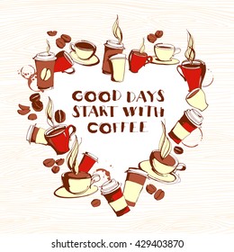 Vector illustration Grungy hand drawn heart shape ink coffee to go, cups, mugs, beans frame or border pattern background. 