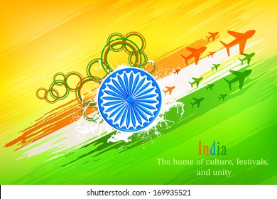 vector illustration of grungy Indian Flag with Ashoka Chakra and flying jet