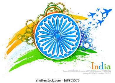vector illustration of grungy Indian Flag with Ashoka Chakra and flying jet