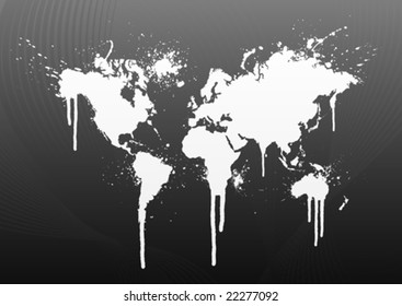 Vector illustration of a grungy splattered world map design with lined art background.