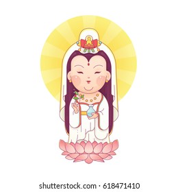 Vector Illustration of Guanyin the Goddess of Mercy Standing on Lotus. Chinese Goddess. Cartoon Character.
