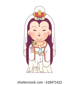 Vector Illustration of Guanyin the Goddess of Mercy. Chinese Goddess. Cartoon Character.
