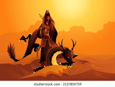 Vector illustration of Guanyin standing on top of a dragon, Guanyin is a chinese goddess of Compassion, Mercy and Kindness, considered to be a mother goddess and patron of seamen