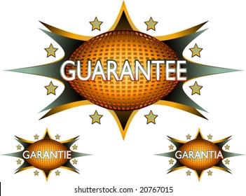 vector illustration of guarantee seal, english, ( german - french ), spanish