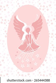 Vector illustration of a guardian angel bestowing stars from above. Fine gift for a little girl for the name day.