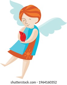 Vector illustration. Guardian angel holds a red bird in his hands and smiles