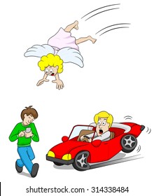 vector illustration of a guardian angel at work with an absentminded smartphone user causes car accident