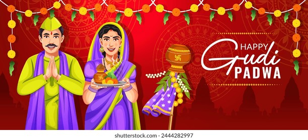 Vector illustration of Gudhi Padwa spring festival for the traditional New Year for Marathi and Konkani Hindus celebrated in Maharashtra banner design template