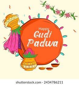 vector illustration of Gudi Padwa holiday religious festival background of Maharashtra India