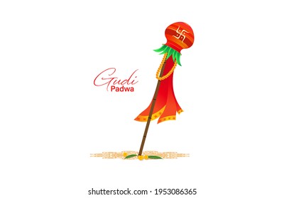 Vector Illustration Of Gudi Padwa. New Year Day Of Chaitra Month In Hindu Calendar Celebrated As A Gudi Padwa.