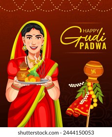 Vektorillustration des Gudhi Padwa Frühlingsfestivals für das traditionelle Neue Jahr für Marathi und Konkani Hindus in Maharashtra Poster Design Vorlage gefeiert