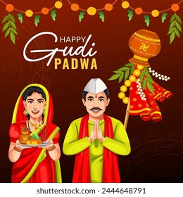 Vector illustration of Gudi Padwa spring festival for the traditional New Year for Marathi and Konkani Hindus celebrated in Maharashtra greeting card design
