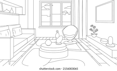 Vector illustration, guest room interior, coloring book