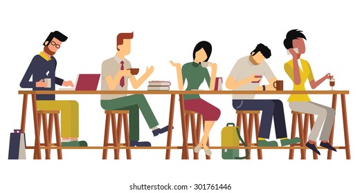 Vector illustration of guests, man and woman,  enjoy coffee at wooden bar. Diverse and milti-ethnic character, flat design, vintage style. 