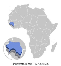 Vector illustration of Guinea in blue on the grey model of Africa map with zooming replica of country