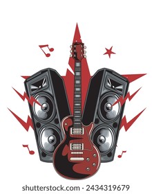 Vector Illustration of Guitar and Active Speakers with Hand Drawing Style Available for Tshirt Design
