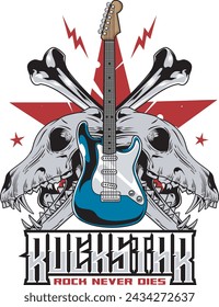 Vector Illustration of Guitar, Animal Skulls, Bones and Star with Hand Drawing Style Available for Tshirt Design