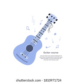 Vector illustration of guitar in cartoon flat style. Banner, template for music courses, schools and lessons with copy space. 